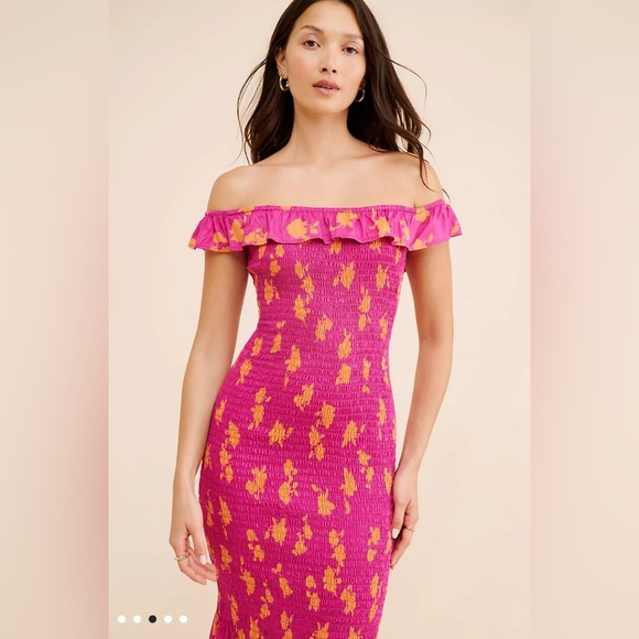 Anthropologie Smocked Off-The-Shoulder Midi Dress Sz M Pink Orange - Picture 9 of 9